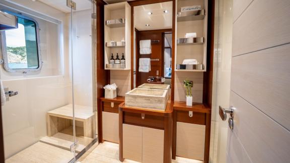 In Spain weekly yacht rental options Moka shows modern bathroom and comfort.