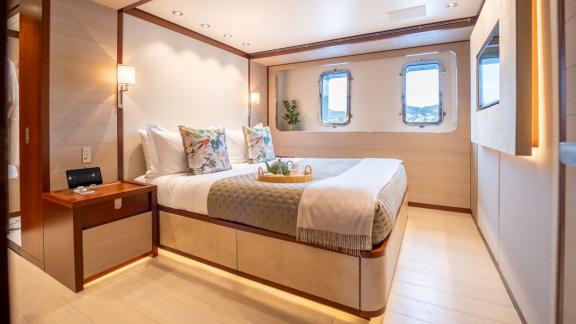 In Spain weekly yacht rental options Moka shows bright cabin and comfortable stay.