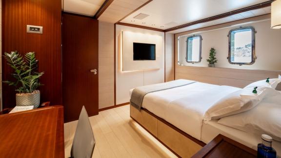 In Spain weekly yacht rental options Moka shows modern cabin and comfortable stay.