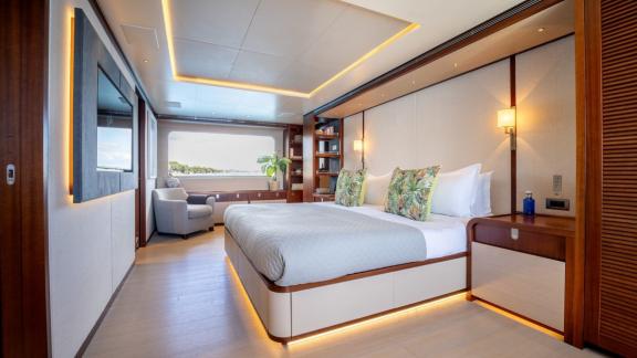 In Spain weekly yacht rental options Moka shows spacious cabin and luxury stay.