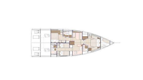 Off Lavrion the 3 cabin 6 guest Omikron Yachts OT 60 N ice showing lower deck layout with cabin arrangement.