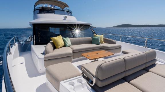 Cozy front deck with cushions aboard Olivia yacht near Šibenik.