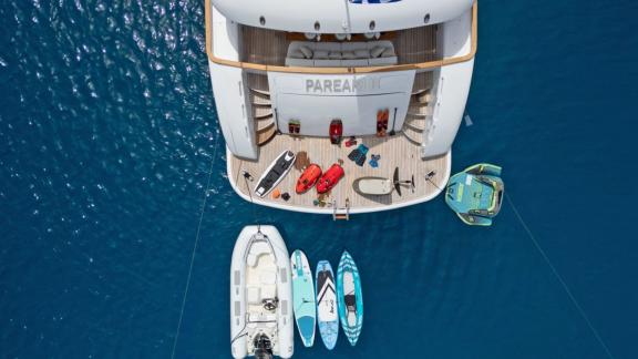 Anchored near Athens, the yacht’s swim platform features paddle boards, seabobs, a tender and inflatables.
