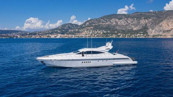 Popeye, a Mangusta 92 yacht, offers sleek design and powerful performance at sea.