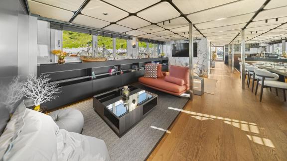 Spacious main saloon of the Premier motor yacht in Split, designed for relaxation, social gatherings and luxury cruising