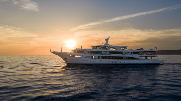 11 cabin Premier motor yacht cruising off Split, ideal for VIP yacht charters and private group events.