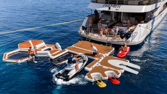 Premier motor yacht in Split featuring a private sea platform, jet ski and exciting water sports activities.