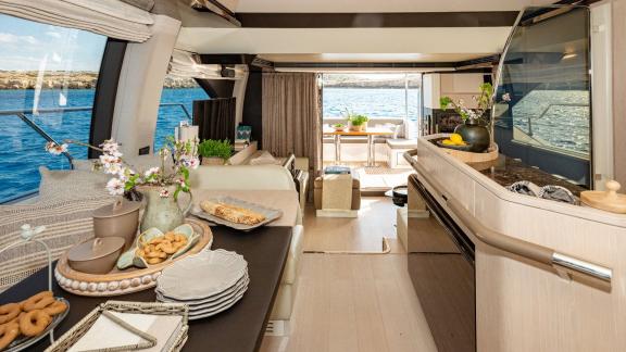 Sea Ya features an elegant main saloon with a sea view lounge, creating a refined luxury yacht charter experience.