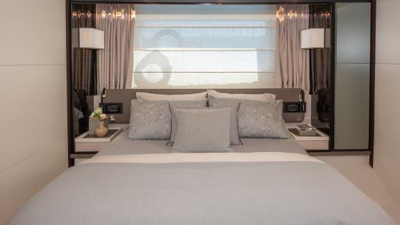 Sea Ya features a spacious master cabin with elegant styling, offering premium comfort for yacht charter guests.