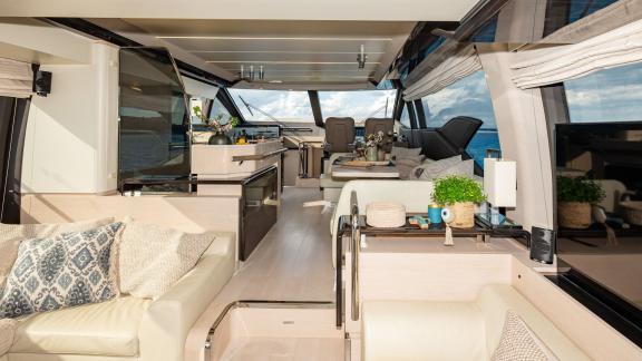 Sea Ya features a spacious interior saloon with modern styling, offering a luxurious yacht charter experience.