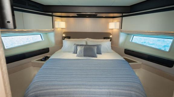 Sea Ya features a VIP guest cabin with a spacious double bed, offering premium comfort for yacht charter guests.