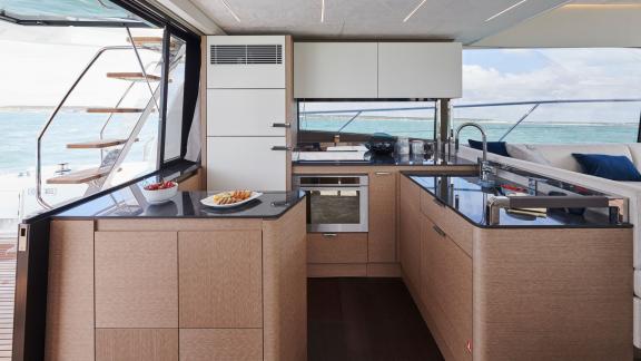 The modern kitchen area of the motor yacht Shaft features stylish design and modern equipment.