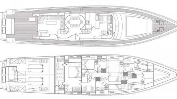 The upper and lower deck plan of Wish Alfamarine 91 shows the salon, dining area and four cabin layout.