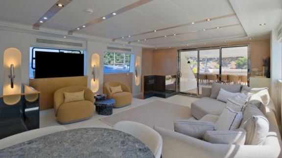 For Fethiye yacht charter the 6 cabin 12 guest Dodo motorsailer features a modern saloon with lounge seating.
