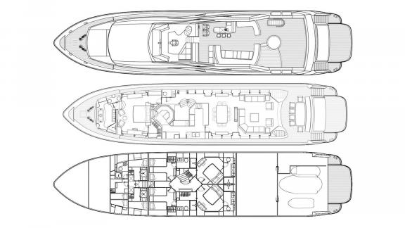 Sunseeker 34m Arago motoryatın güverte planı; yaşam alanları, kamaralar ve açık teras bölümüyle detaylı.