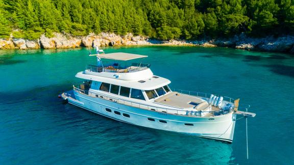 Cloud 9, a Menorquin 68 FB motor yacht, is anchored off Dubrovnik offering the best of comfort and Mediterranean charm.