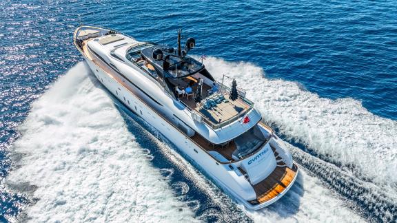 Motoryacht Cynthia, a Maiora 35DP, powers ahead off Makarska, slicing through the Adriatic Sea.