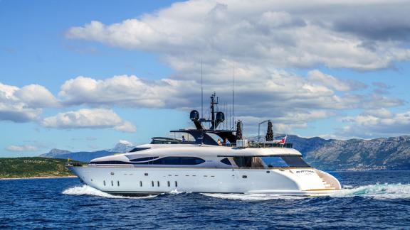 The Cynthia motor yacht, a Maiora 35DP model, cruises through the Adriatic near Makarska, Croatia.