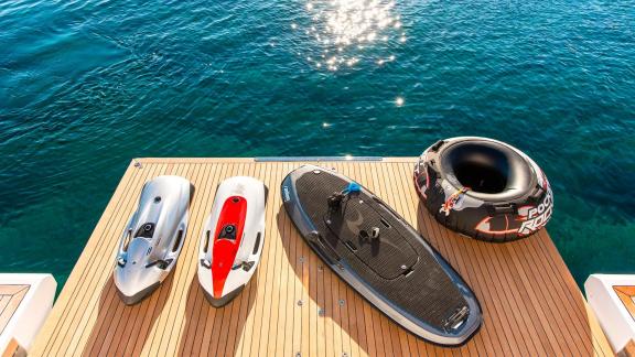 Various watersports equipment on board the 27-meter motor yacht Dawo in Sibenik.