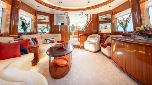 Ehthele's interior salon features elegant furniture and bright ambiance while anchored in Mallorca.