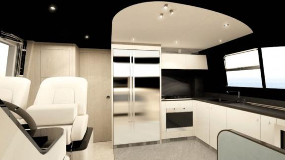 Functional and stylish yacht kitchen equipped with modern appliances and sea view.