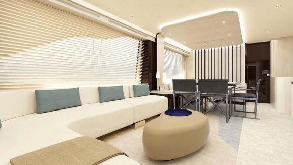 Stylish living area featuring a large couch, dining table, and elegant lighting on the yacht.