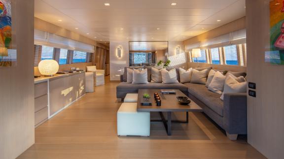 Relax in the elegant salon of the motor yacht Summer Fun with modern design and comfort.