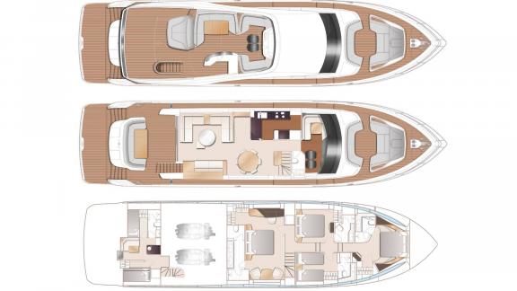 Detailed floor plan of a yacht with three decks and luxurious amenities.