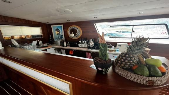 Stylish and fully equipped kitchen on board the gulet Mrs Elcih in Göcek, Turkey.