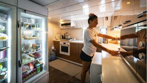 The modern kitchen on board the gulet Mrs Elcih in Göcek, Turkey, offers comprehensive equipment and a comfortable work 