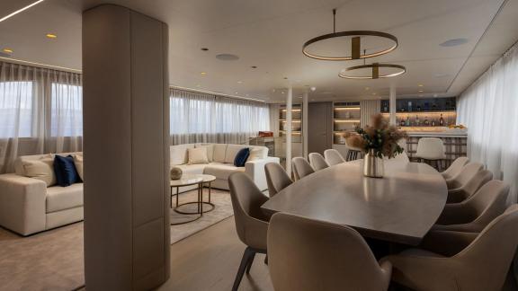 Luxurious dining area and cozy living space on Nocturno with modern amenities.