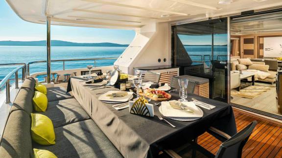 Stylish dining area of the 34-meter Ocean Drive in Split.