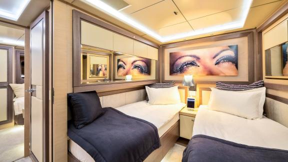 Comfortable twin cabin of the 34-meter Ocean Drive in Split.