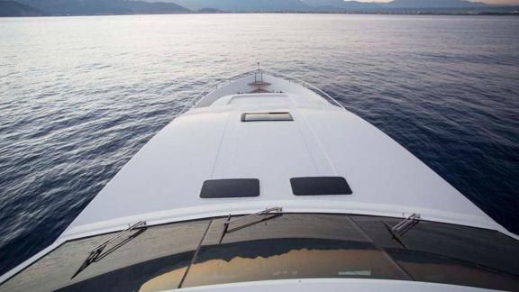 Foredeck of Motor Yacht Panfeliss in Bodrum during sunset.