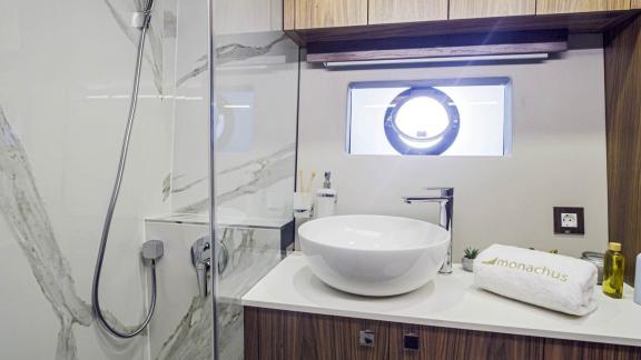 Modern bathroom on the Panta Rei motor yacht with luxurious amenities and stylish design.