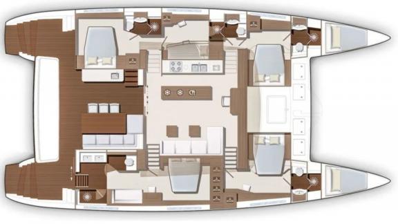 Overview of the interior layout of Lagoon 630 Pearly Gates featuring spacious cabins, living area, and kitchen.