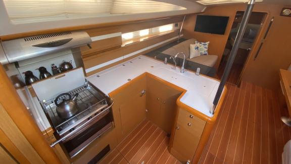 The spacious galley area of the sailing yacht Pherusa II is equipped with modern appliances.