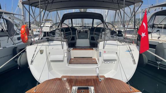 The spacious aft deck of sailing yacht Mocha II in Marmaris, ready for crewless charter.