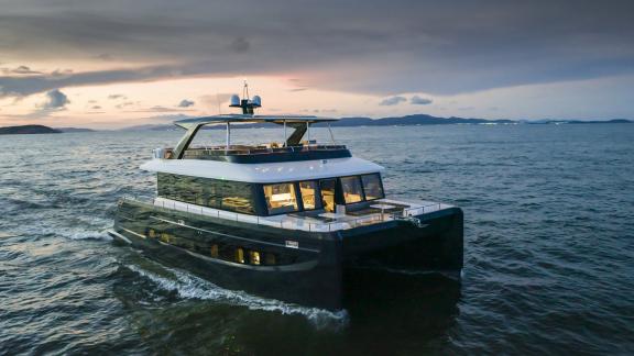 Evita power catamaran offers 5 cabins for 10 guests while cruising along the Athens coastline.