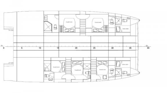 Evita power catamaran layout plan displays 5 cabins, bathrooms and accommodation for 10 guests.