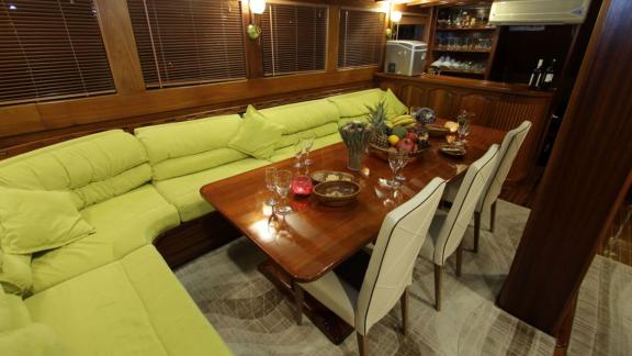 The inviting dining area in the saloon of the Gulet Prenses Lila