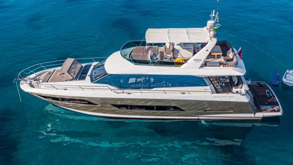 Blue M yacht is anchored off Mallorca and ready for luxury charter.