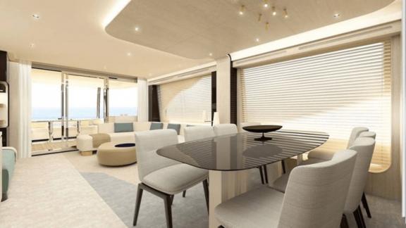 Luxurious yacht interior featuring a modern dining area and comfortable seating.