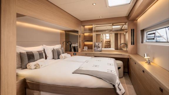 Among catamaran rental options Princess Karla features a master cabin with large bed and storage spaces for a comfortabl