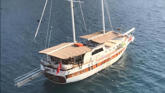 The Queen Almila gulet, elegant and ready for charter, in the calm waters of Marmaris.