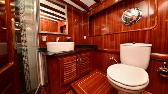 Elegant toilet on the Queen Lila, with stylish wood panelling and modern washbasin.