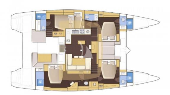 Detailed floor plan of the yacht showing sleeping and living areas.