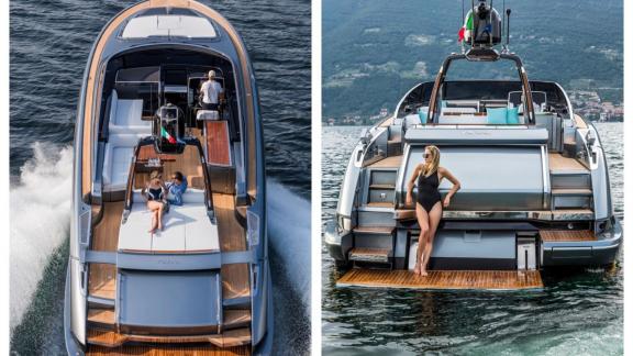 Among Monaco daily yacht charter options Vera motor yacht shows upper and aft deck with lounge and swim platform.