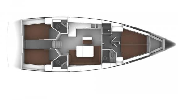Topcu yelkenli yatın iç yerleşim planı, konforlu kabinleri ve geniş yaşam alanlarını gösteriyor.