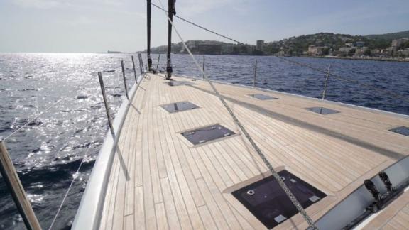 The spacious foredeck of Aenea yacht in Croatia offers a serene sea voyage.